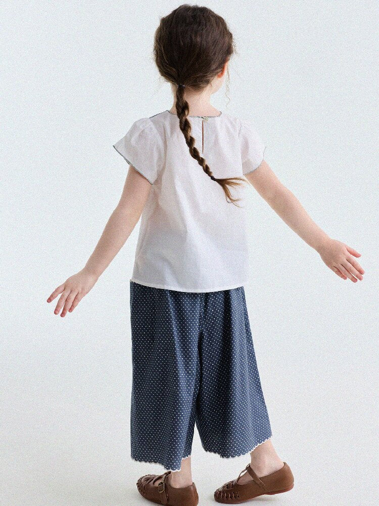 Embroidered Blouse and Polka Dot Pants スカラップ ドット柄 ブラウス ロングパンツ【mh0013194】