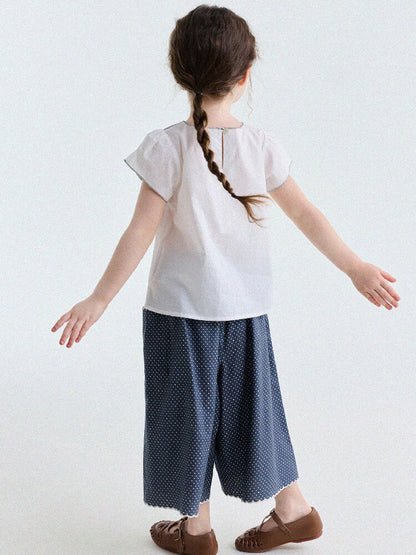 Embroidered Blouse and Polka Dot Pants スカラップ ドット柄 ブラウス ロングパンツ【mh0013194】