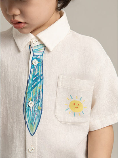 Hand-Drawn Tie Print Cotton Shirt ネクタイプリント コットン 半袖シャツ【mh0012731】