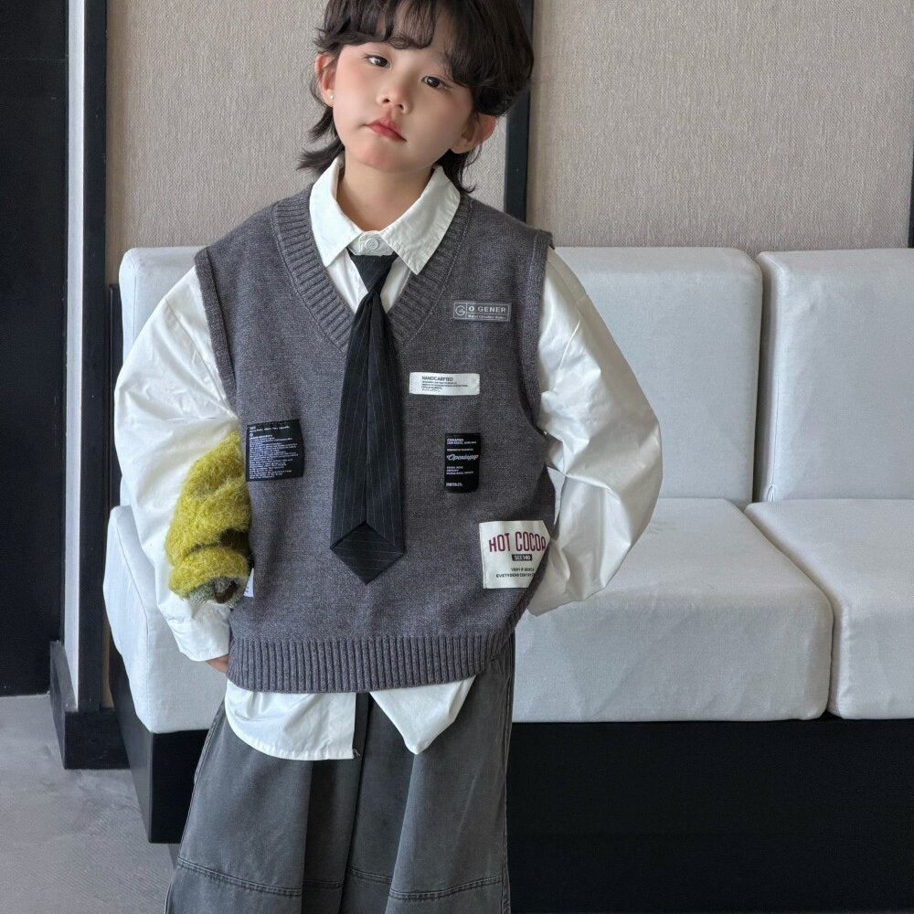 Camisa de manga larga con corbata, chaleco de punto con parche y pantalón ancho para niños y jóvenes 【mh0014435】