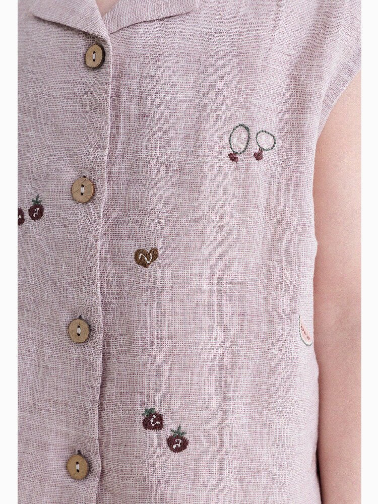 Embroidered Linen Sleeveless Shirt Shorts フルーツ刺繍 ノースリーブシャツ ショートパンツ【mh0013187】