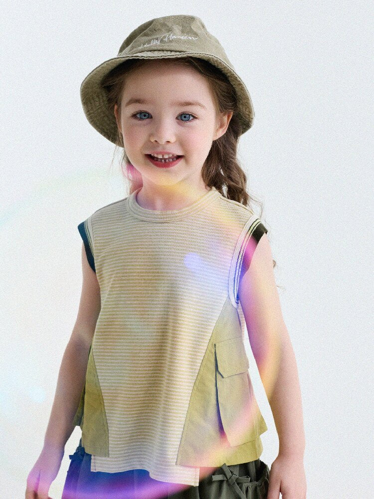Striped Cargo Vest Cotton T-shirt Camiseta sin mangas de rayas【mh0013203】