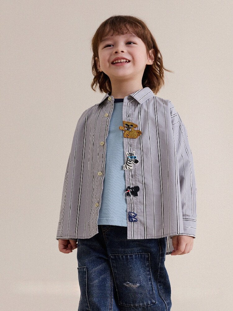Camisa de manga larga con estampado de rayas y parches de animales para niños y jóvenes [mh0014244]