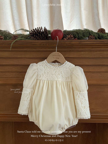 長袖ロンパース レースヨーク パフスリーブ パフボトム ボディスーツ【mh0011545】