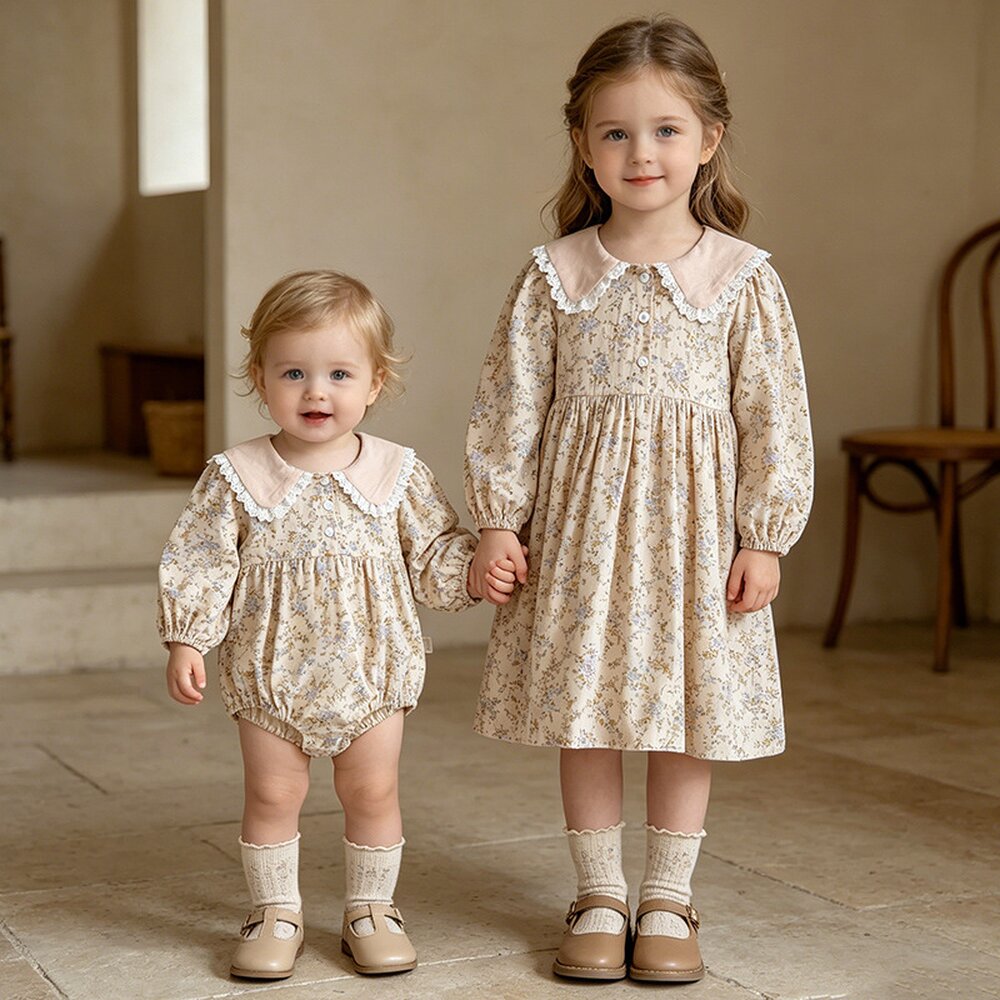ベビー キッズ 花柄 レース縁取り 丸襟 Aライン 長袖ワンピース ロンパース【mh0014451】