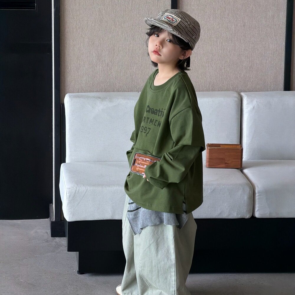 キッズ ジュニア 英字プリント フェイクレイヤード 長袖Tシャツ ワイド デニムパンツ【mh0014437】