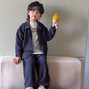 Conjunto de camisa de manga larga holgada con cuello y estampado de rayas y pantalón largo cómodo para niños y juniors【mh0014442】