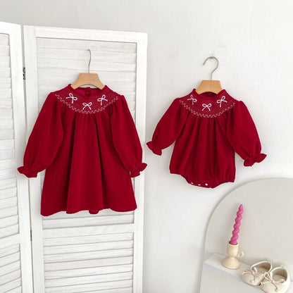 ベビー キッズ リボン 刺繍 バルーンスリーブ Aライン ワンピース ロンパース【mh0014454】