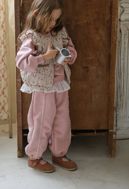 【mh0014801】2026 Otoño Nuevo Strawberry Shan Coreano Niños Niñas Elegante Encaje Holgado Versátil Casual Deportes Pantalones de Chándal