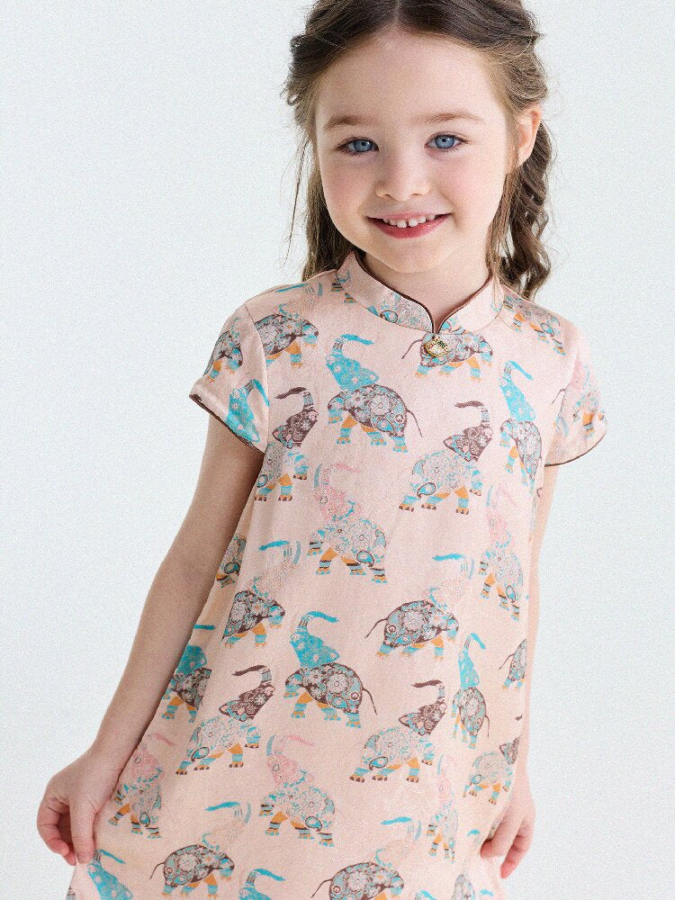 Retro Rabbit Elephant Pattern Stand Collar Dress アニマルプリント 半袖ワンピース【mh0013174】