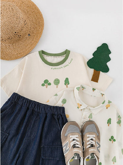 Little Forest Series リーフ柄 半袖シャツ Tシャツ デニム セットアップ【mh0012734】