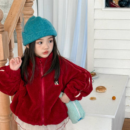 -ボアジャケット アウター ジップアップ 腕ライン 刺繍入り もこもこ素材【mh0011398】 - mamahalo shop - ショートコート・ジャケット・ジャンパー -  べビー服 - 子供服 - 男の子 - 女の子