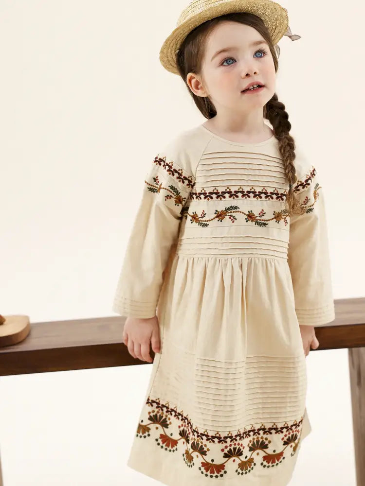-長袖ワンピース 麻混素材 刺繍 ボヘミアン ギャザー フレア 森ガール【mh0011303】 - mamahalo shop - 長袖ワンピース -  べビー服 - 子供服 - 男の子 - 女の子