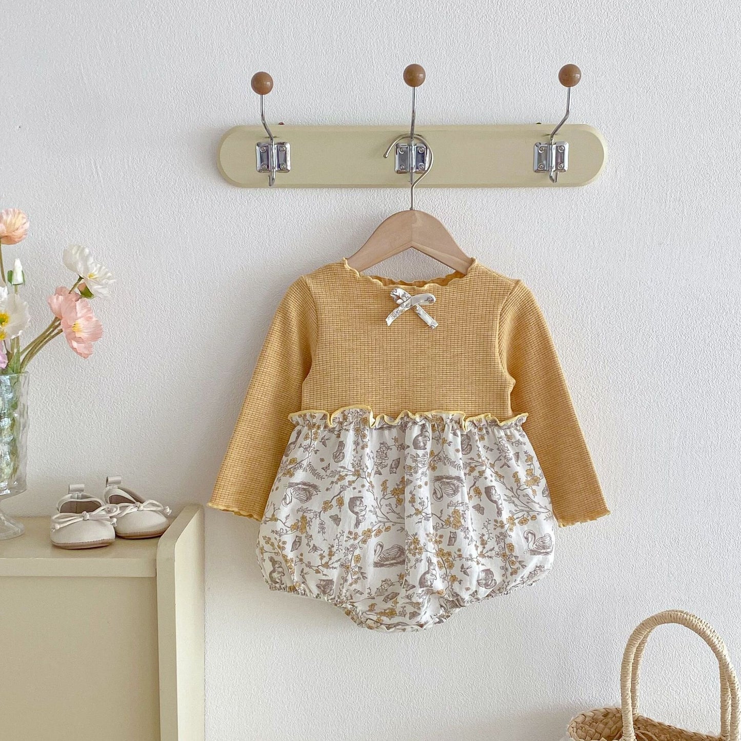 Ribbed Floral Animal Jumpsuit 花柄 リブ 切り替え ロンパース【mh0012100】