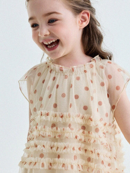 Polka Dot Ruffle Mesh Dress チュール フレンチスリーブワンピース【mh0013199】