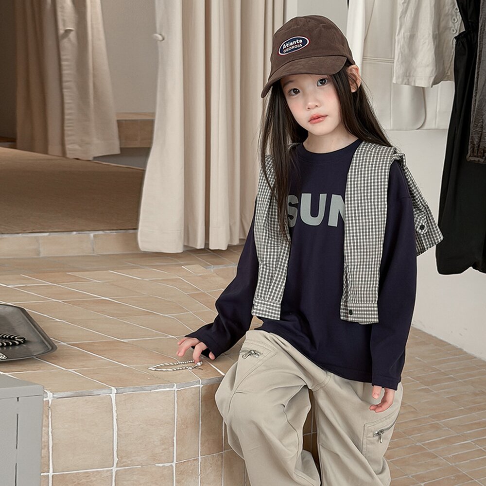 キッズ ジュニア 英字ロゴ プリント クルーネック 長袖Tシャツ【mh0014421】