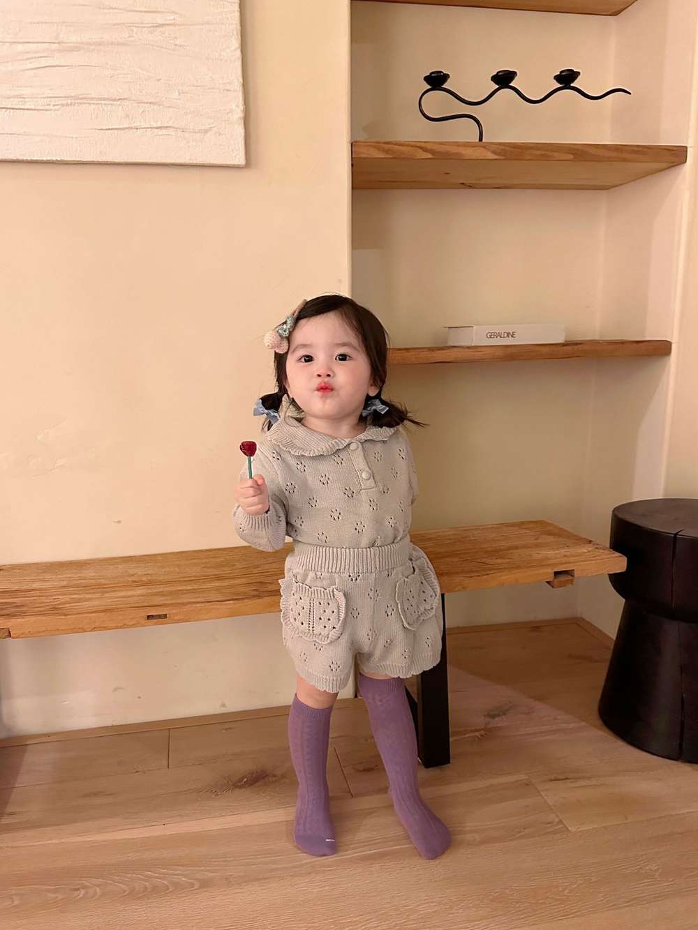 長袖ニットトップス+ショートパンツ 透かし編み レース襟付き セットアップ 2点セット【mh0011511】