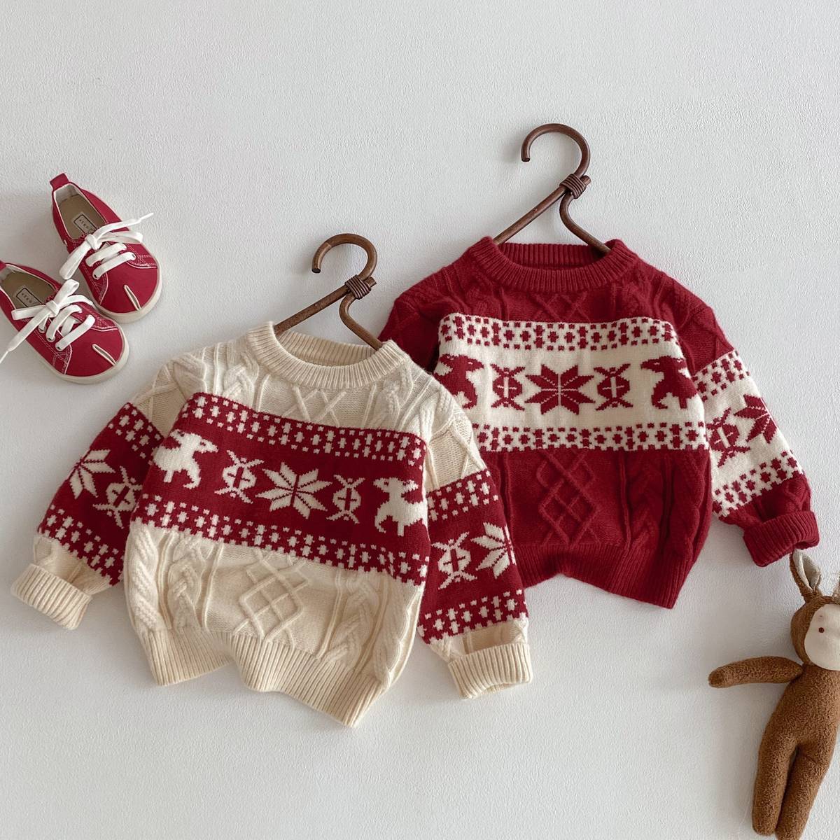 -長袖セーター ニット プルオーバー ノルディック柄 雪の結晶 トナカイ柄 あったか【mh0011378】 - mamahalo shop - ニット・セーター -  べビー服 - 子供服 - 男の子 - 女の子
