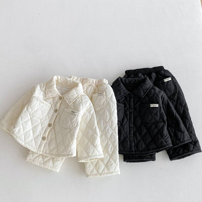 -長袖キルティングジャケット+パンツ セットアップ 2点セット 防寒 中綿ダイヤ柄【mh0011387】 - mamahalo shop - 長袖セットアップ -  べビー服 - 子供服 - 男の子 - 女の子