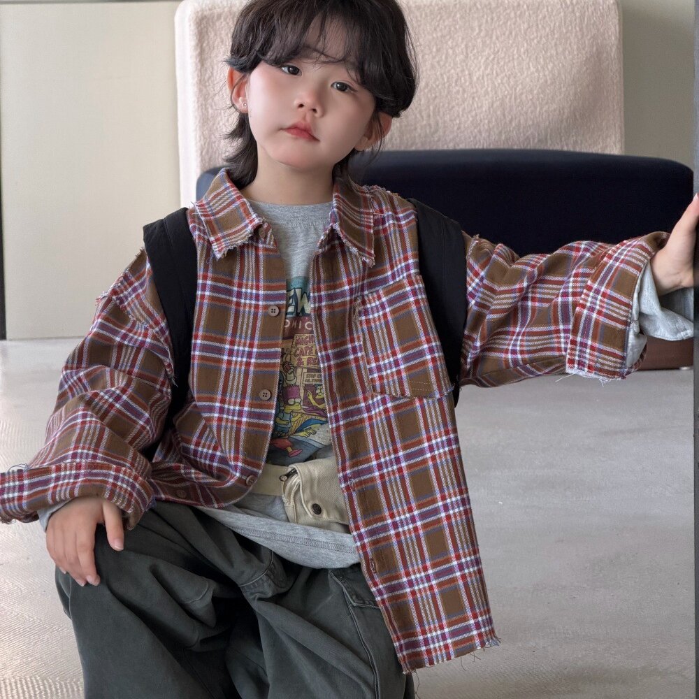 Camisa de manga larga con corte irregular, estampado a cuadros, camiseta de manga larga con letras estampadas y pantalón cargo para niños y jóvenes 【mh0014438】