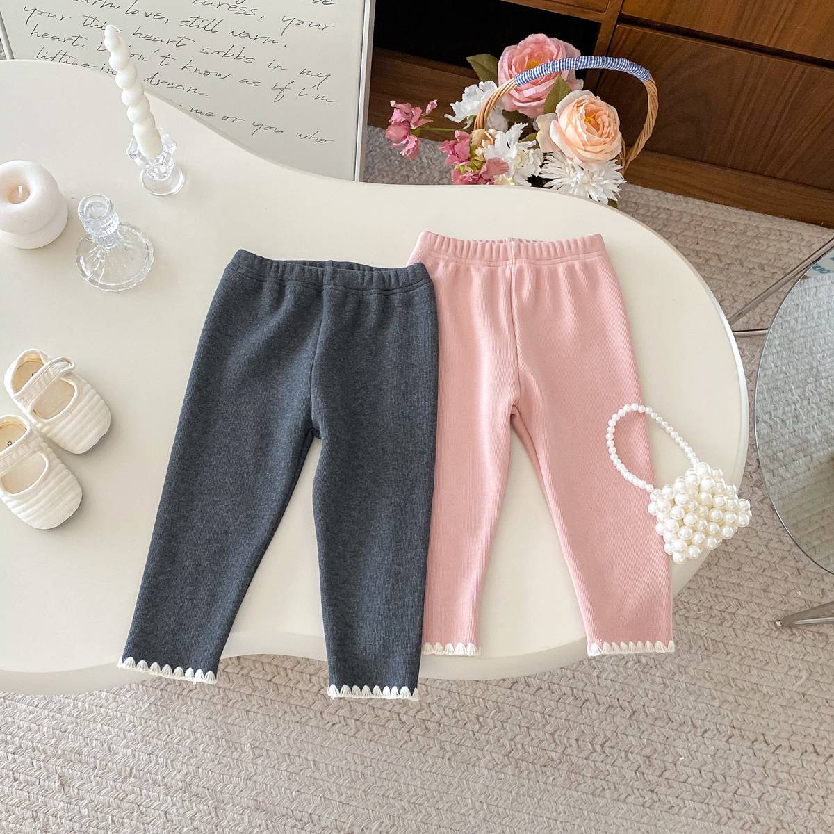 -ロングレギンスパンツ リブ生地 裏ボア あったか 裾メロウフリル スリムフィット【mh0011394】 - mamahalo shop - レギンスパンツ -  べビー服 - 子供服 - 男の子 - 女の子