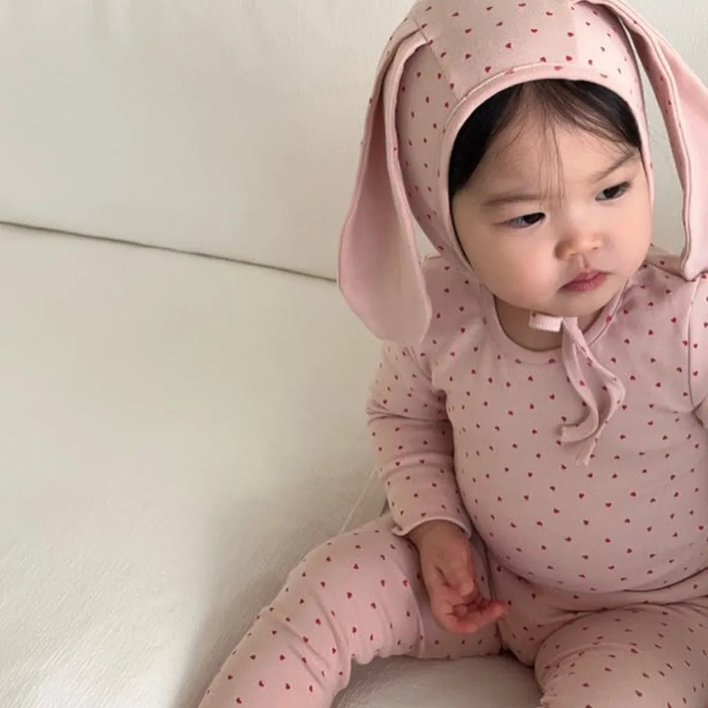 -ハートプリントトップス+レギンスセット うさ耳帽子 3点セット【mh0011177】 - mamahalo shop - 長袖セットアップ -  べビー服 - 子供服 - 男の子 - 女の子