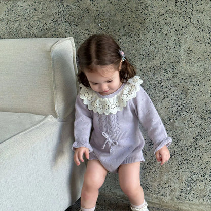 -花柄レース襟付き長袖ニットロンパース【mh0011150】 - mamahalo shop - 長袖ロンパース -  べビー服 - 子供服 - 男の子 - 女の子