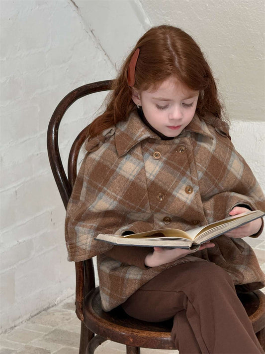 Checkered Cape, Cloak-Style Coat, Wool-Like Outerwear, Thick Winter Wear [mh0011445]