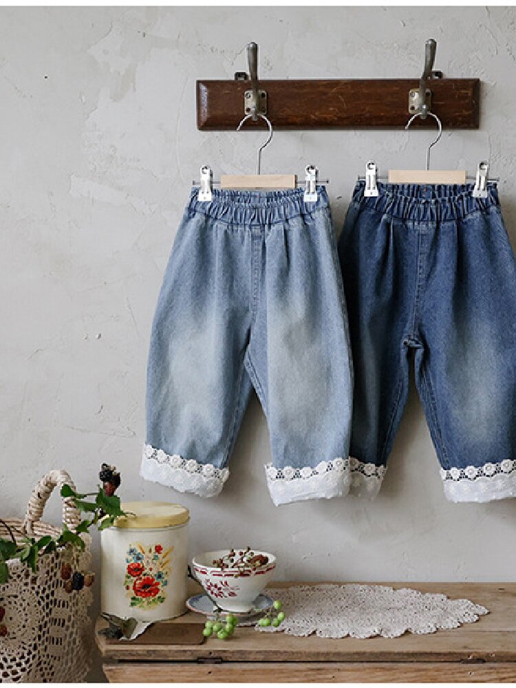 キッズ ジュニア 花柄 レース フリル デニム バギー ワイド ロングパンツ【mh0014796】