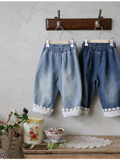 キッズ ジュニア 花柄 レース フリル デニム バギー ワイド ロングパンツ【mh0014796】