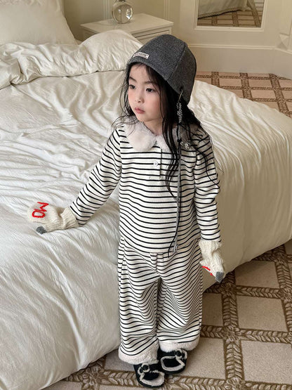 長袖ボアトップス+ロングパンツ 裏起毛ボーダー セットアップ 2点セット【mh0011458】