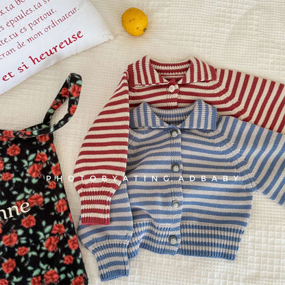 ボーダーニットカーディガン 襟付き 長袖 ボタン開閉 トップス【mh0011431】