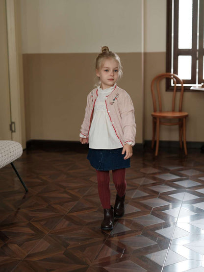 長袖カーディガン 刺繍 ピコレース パフスリーブ ニット【mh0011551】