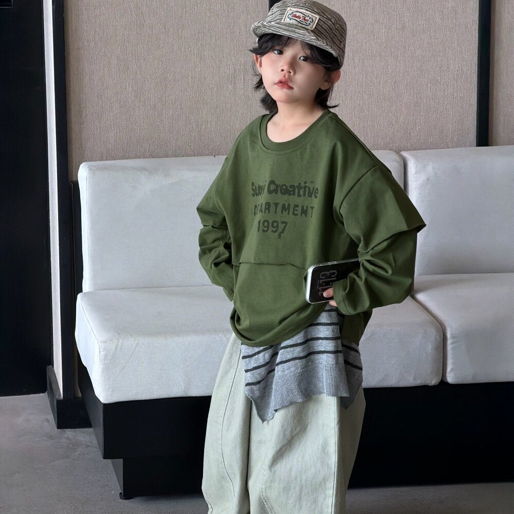 キッズ ジュニア 英字プリント フェイクレイヤード 長袖Tシャツ ワイド デニムパンツ【mh0014437】