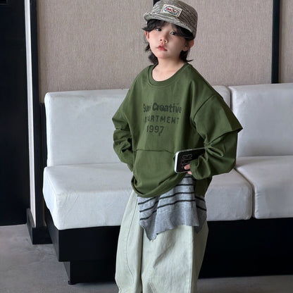 キッズ ジュニア 英字プリント フェイクレイヤード 長袖Tシャツ ワイド デニムパンツ【mh0014437】