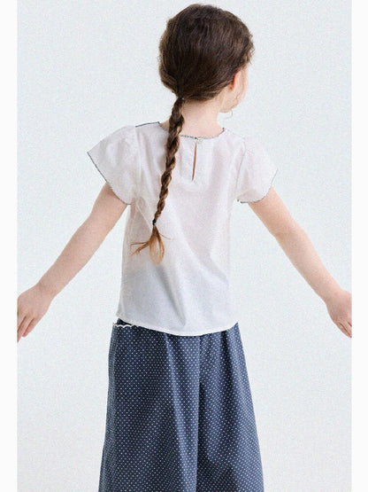 Embroidered Blouse and Polka Dot Pants スカラップ ドット柄 ブラウス ロングパンツ【mh0013194】