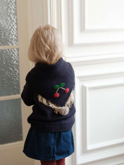 Long-sleeved cardigan with cherry crochet pattern and knit buttons, lightweight wool [mh0011554]