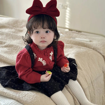 -フラワー刺繍ニットフリルカーディガン / サスペンダースカート【mh0011171】 - mamahalo shop - 長袖セットアップ -  べビー服 - 子供服 - 男の子 - 女の子