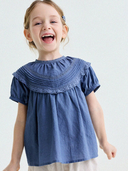 French Lace Puff Sleeve Cotton Shirt レース 半袖ブラウス【mh0013200】