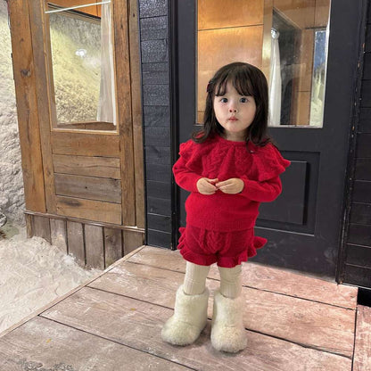 ショール付き長袖ニットセーター +フリルショートパンツ セットアップ 2点セット【mh0011525】