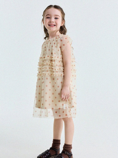Polka Dot Ruffle Mesh Dress チュール フレンチスリーブワンピース【mh0013199】