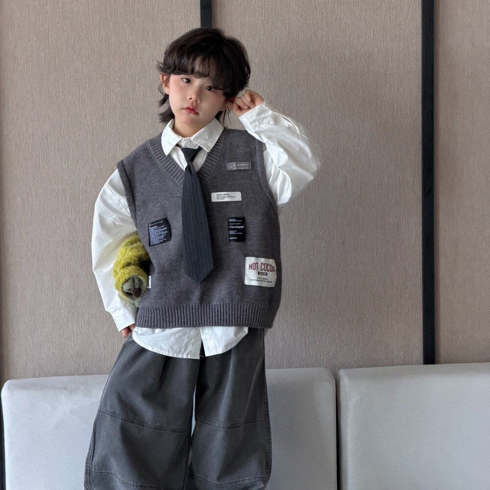 Camisa de manga larga con corbata, chaleco de punto con parche y pantalón ancho para niños y jóvenes 【mh0014435】