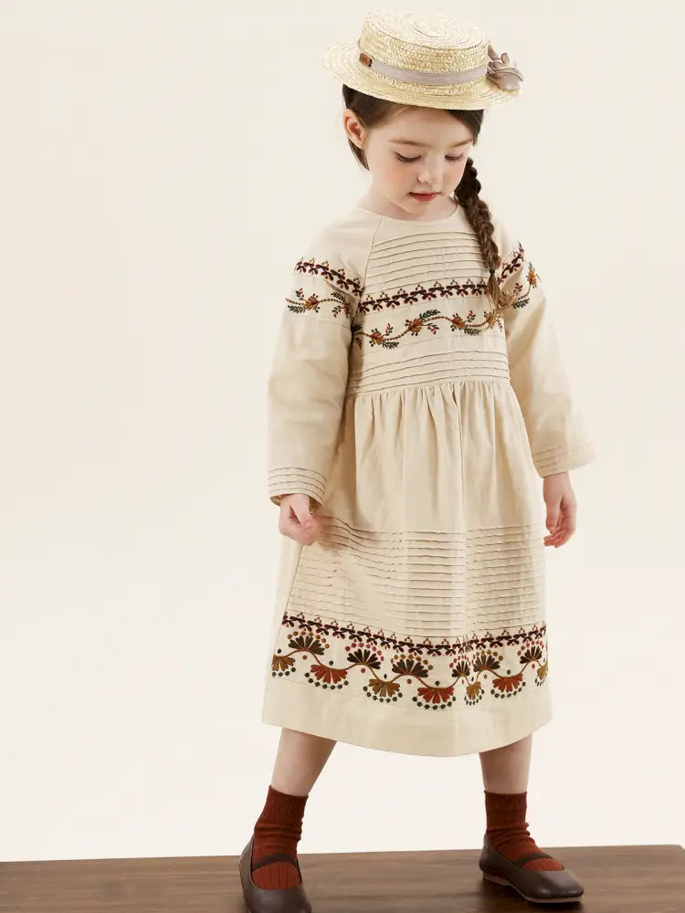 -長袖ワンピース 麻混素材 刺繍 ボヘミアン ギャザー フレア 森ガール【mh0011303】 - mamahalo shop - 長袖ワンピース -  べビー服 - 子供服 - 男の子 - 女の子