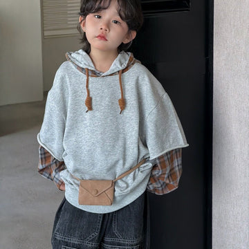 Sudadera con capucha y estampado de cuadros para niños y jóvenes, con pantalones vaqueros estilo vintage [mh0014439]