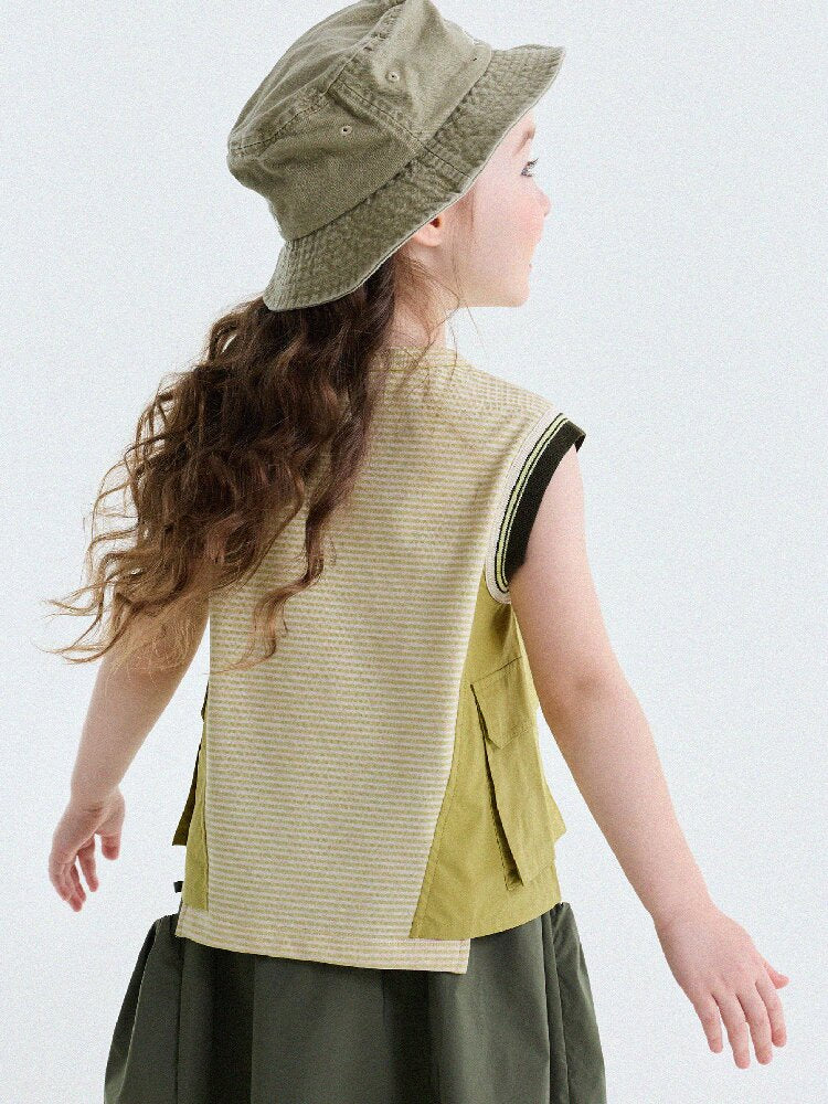 Striped Cargo Vest Cotton T-shirt Camiseta sin mangas de rayas【mh0013203】