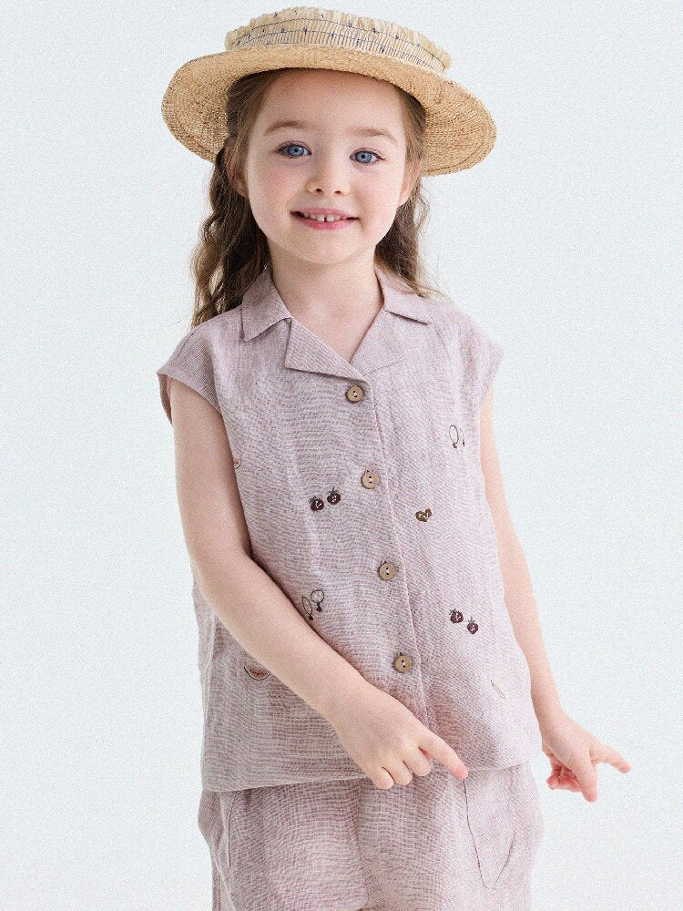 Embroidered Linen Sleeveless Shirt Shorts フルーツ刺繍 ノースリーブシャツ ショートパンツ【mh0013187】