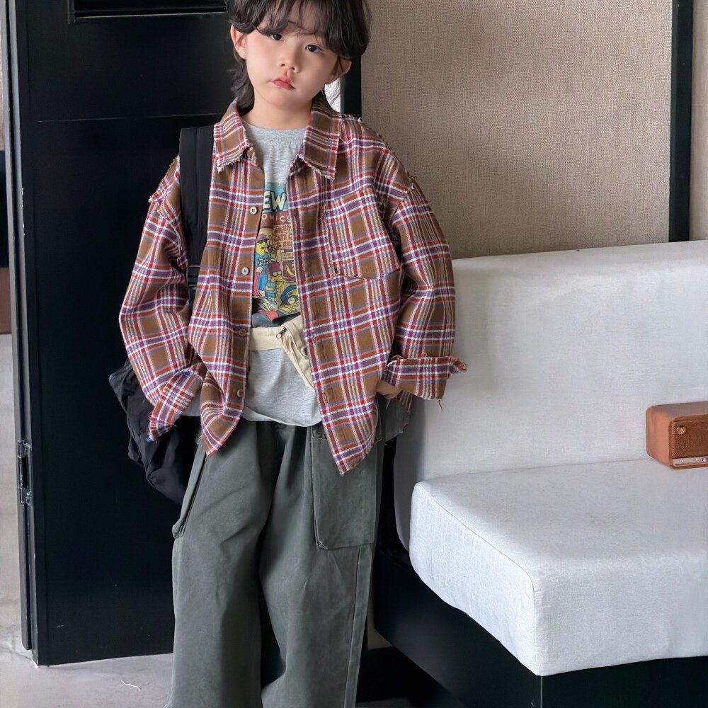 Camisa de manga larga con corte irregular, estampado a cuadros, camiseta de manga larga con letras estampadas y pantalón cargo para niños y jóvenes 【mh0014438】