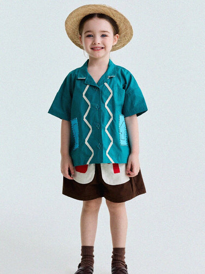 Retro Color-Blocking Short-Sleeved Cotton Shirt レトロ 半袖シャツ【mh0013207】
