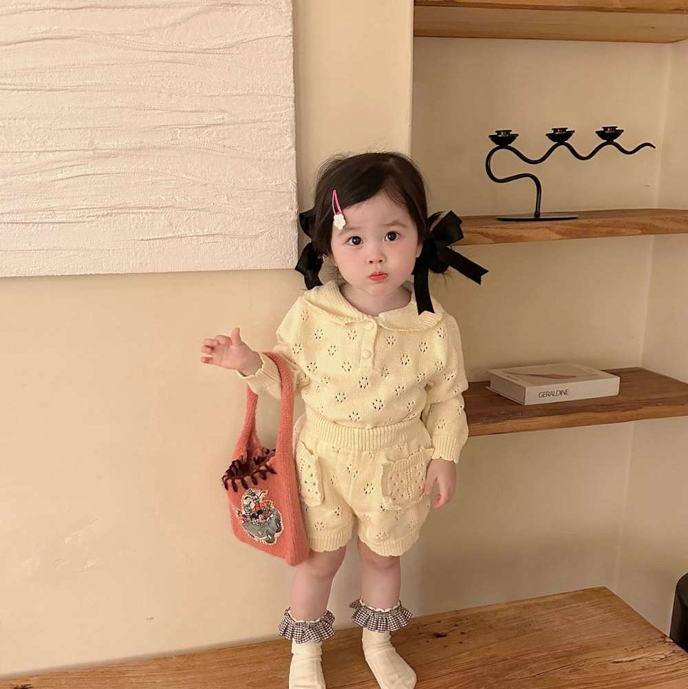 長袖ニットトップス+ショートパンツ 透かし編み レース襟付き セットアップ 2点セット【mh0011511】