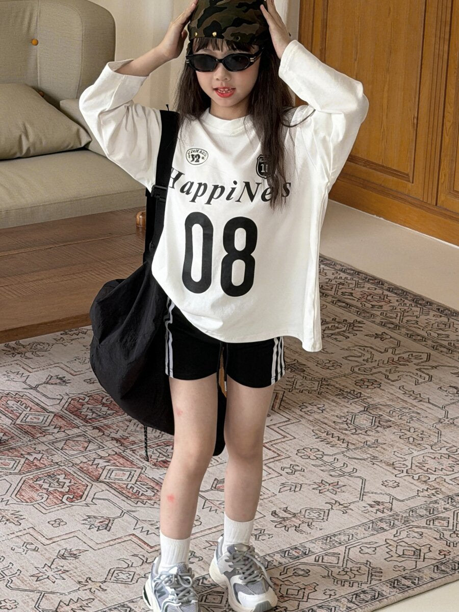 キッズ ジュニア 数字 英字 プリント ルーズ ビッグシルエット 長袖 Tシャツ【mh0014473】